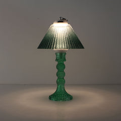 Prism LED lamp (ON) with cyan base and emerald green gradient shade showing soft textured light.