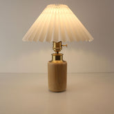 White Pleated Shade Bamboo Lamp, Warm LED Light, Japandi Style, Portable Battery Operated for Bedside