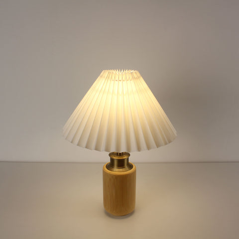 Bamboo Battery Powered LED Table Lamp - Vintage Pleated Lampshades