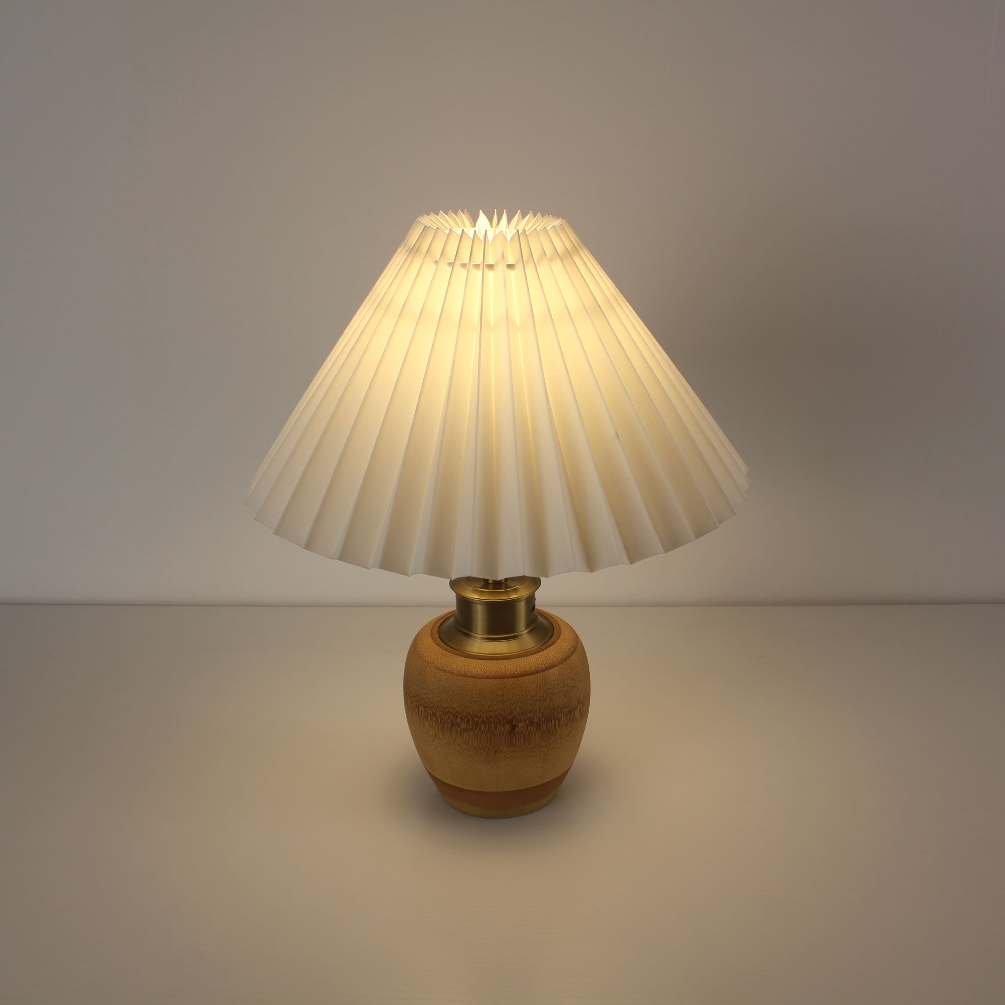 Bamboo Base Cordless Table Lamp -  Battery Operated Vintage Pleated Shade Table Lamp