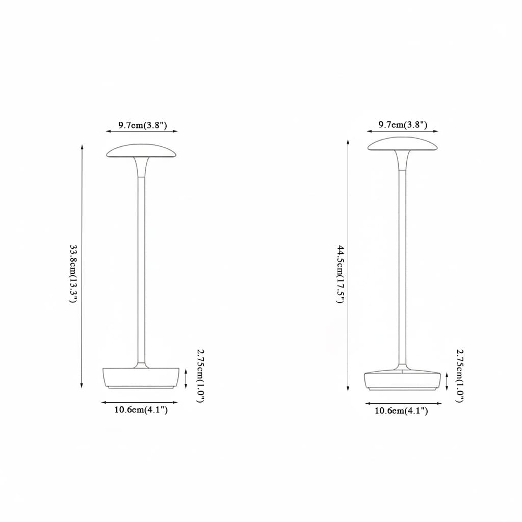 Cordless LED Table Lamp - A line drawing showing the dimensions of the two styles (round and square base) of the lamp