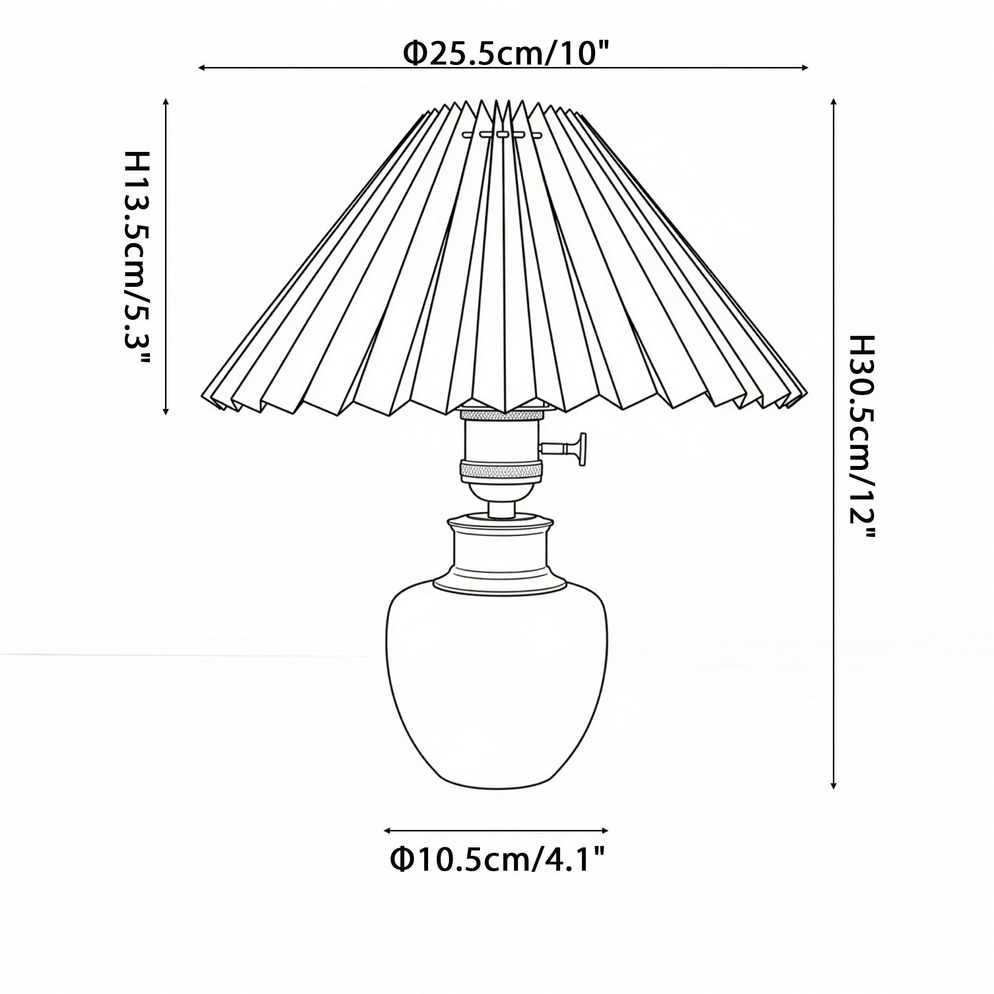Technical drawing showing dimensions of the cordless lamp: 30.5cm height and 25.5cm shade diameter.