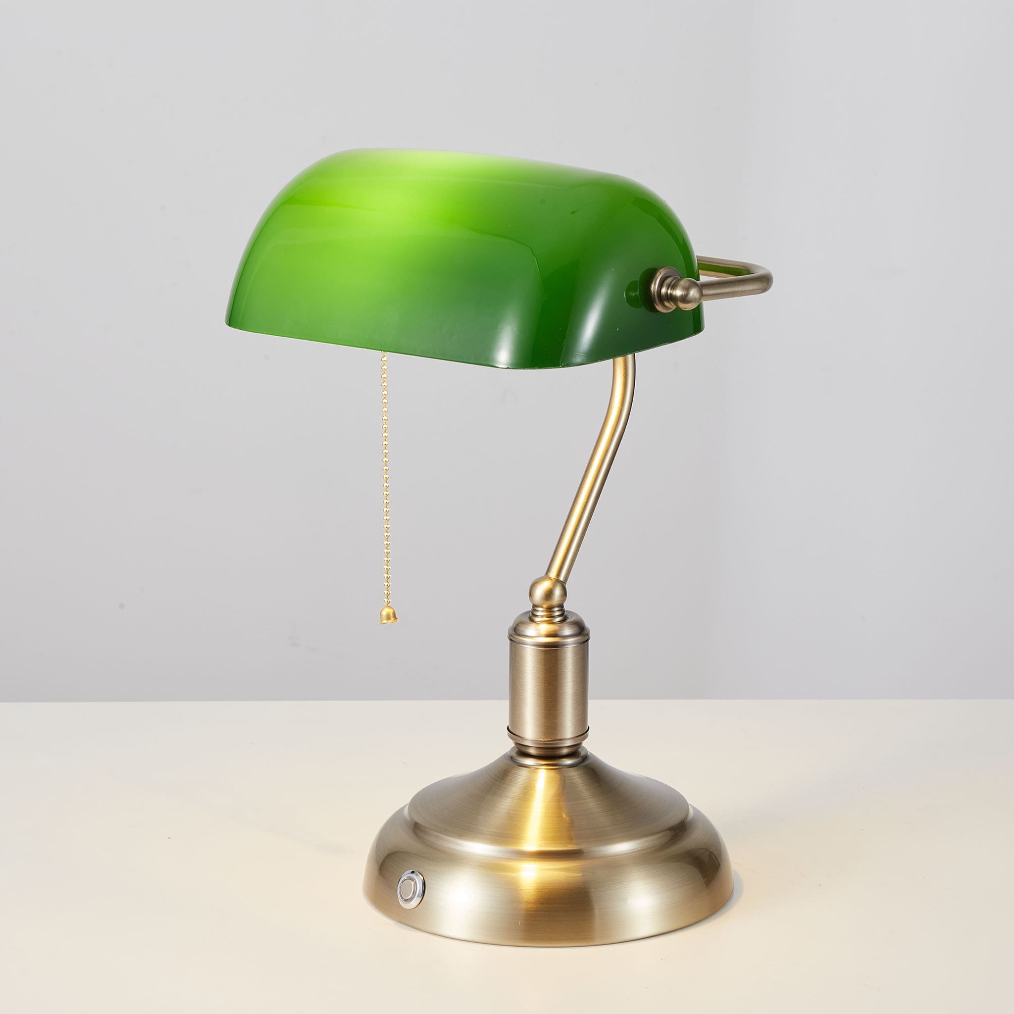 Cordless Banker Desk Lamp with Green Glass Shade