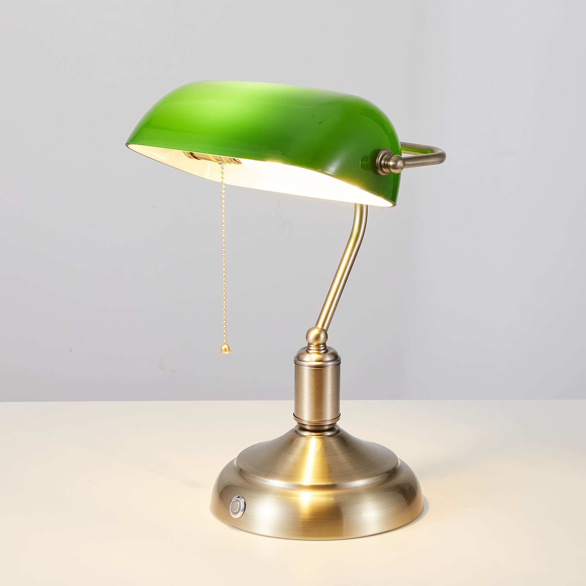 Cordless Banker Desk Lamp with Green Glass Shade