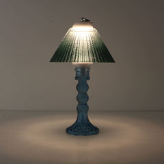 Prism battery-operated lamp (ON) with blue base and emerald green gradient shade, showing soft 3000K LED illumination.