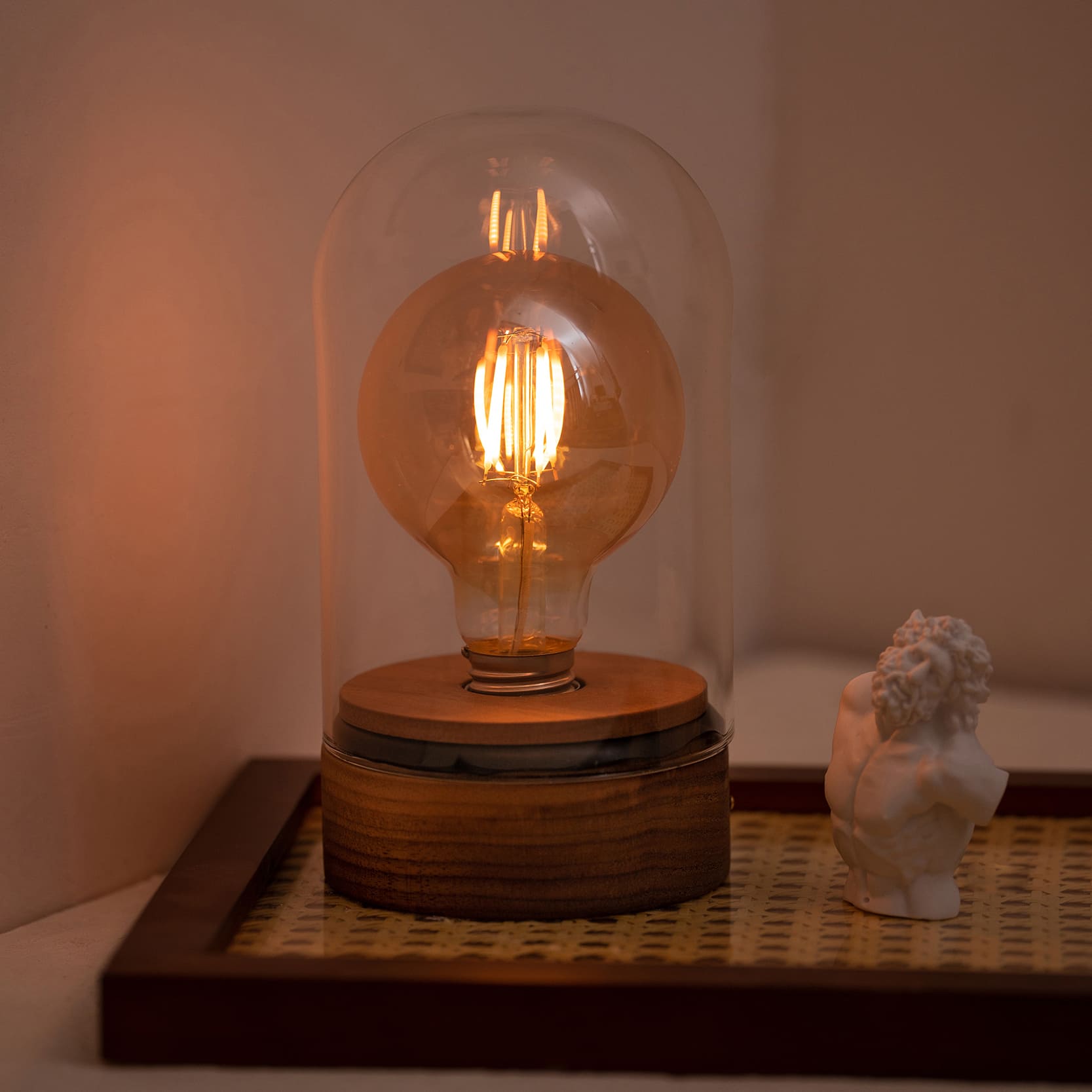 battery powered glass cloche lamp with edison bulb
