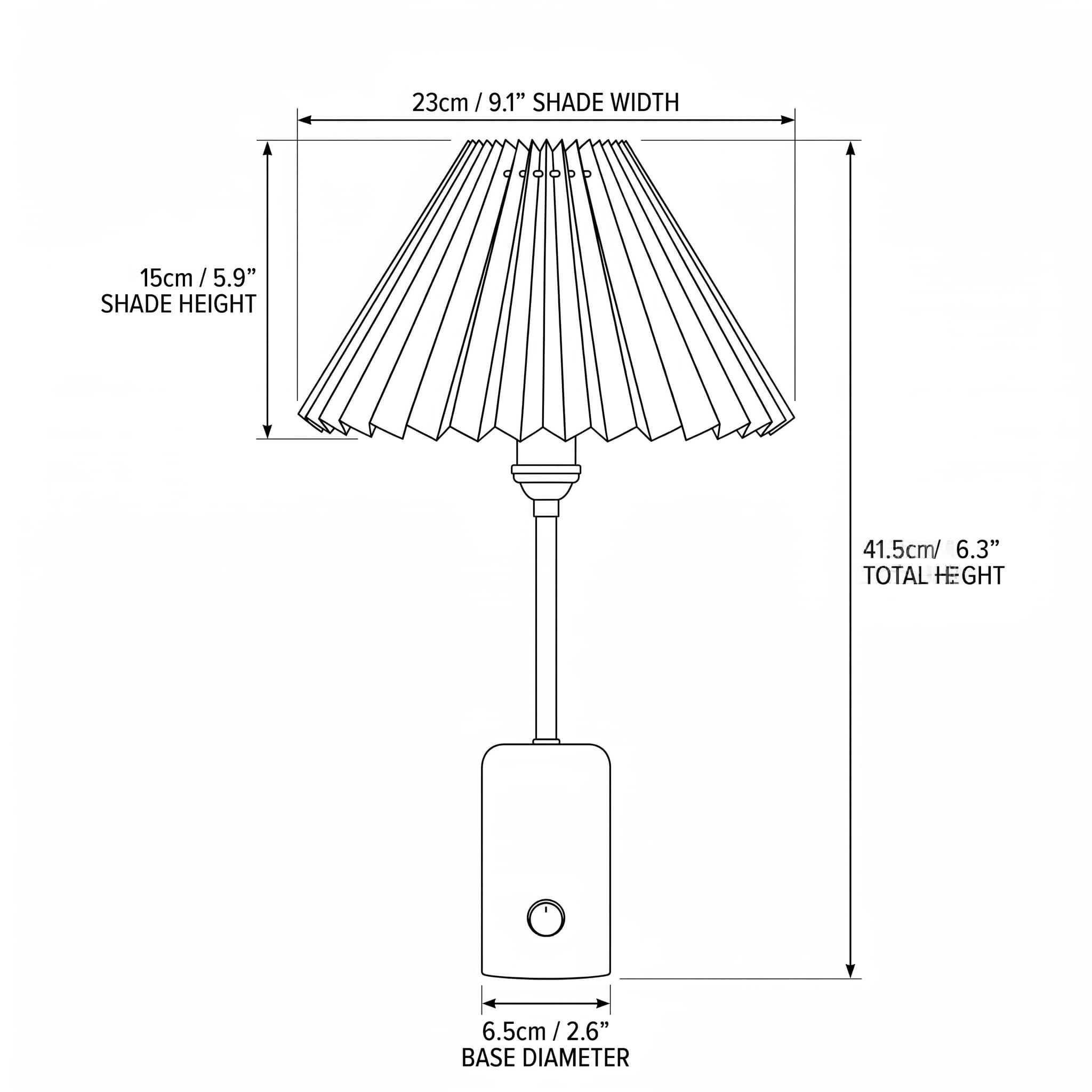 Dimensions of brass cordless table lamp with pleated shade, 41.5 cm total height, 23 cm shade width, 15 cm shade height and 6.5 cm base diameter