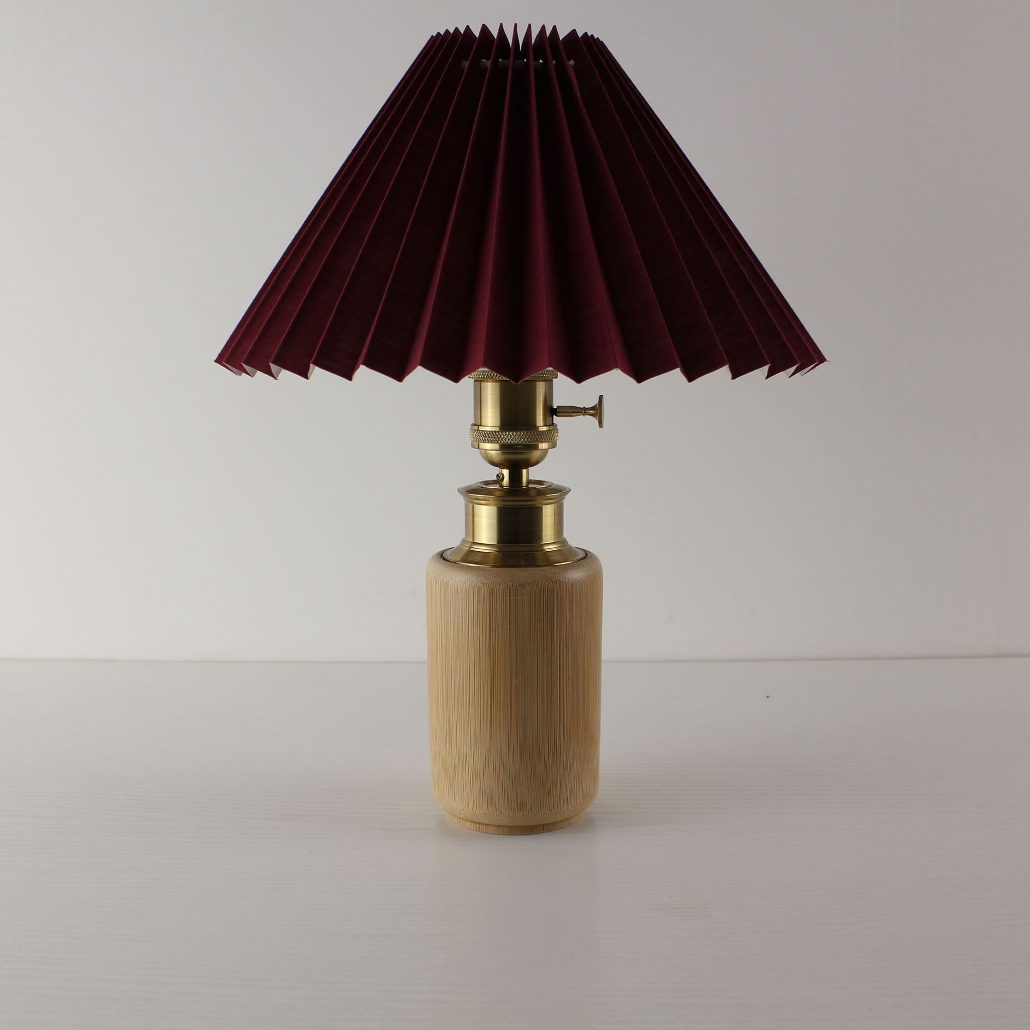 Burgundy Pleated Shade Lamp with Bamboo Base, Portable & Rechargeable, Elegant Lighting for Wedding & Café