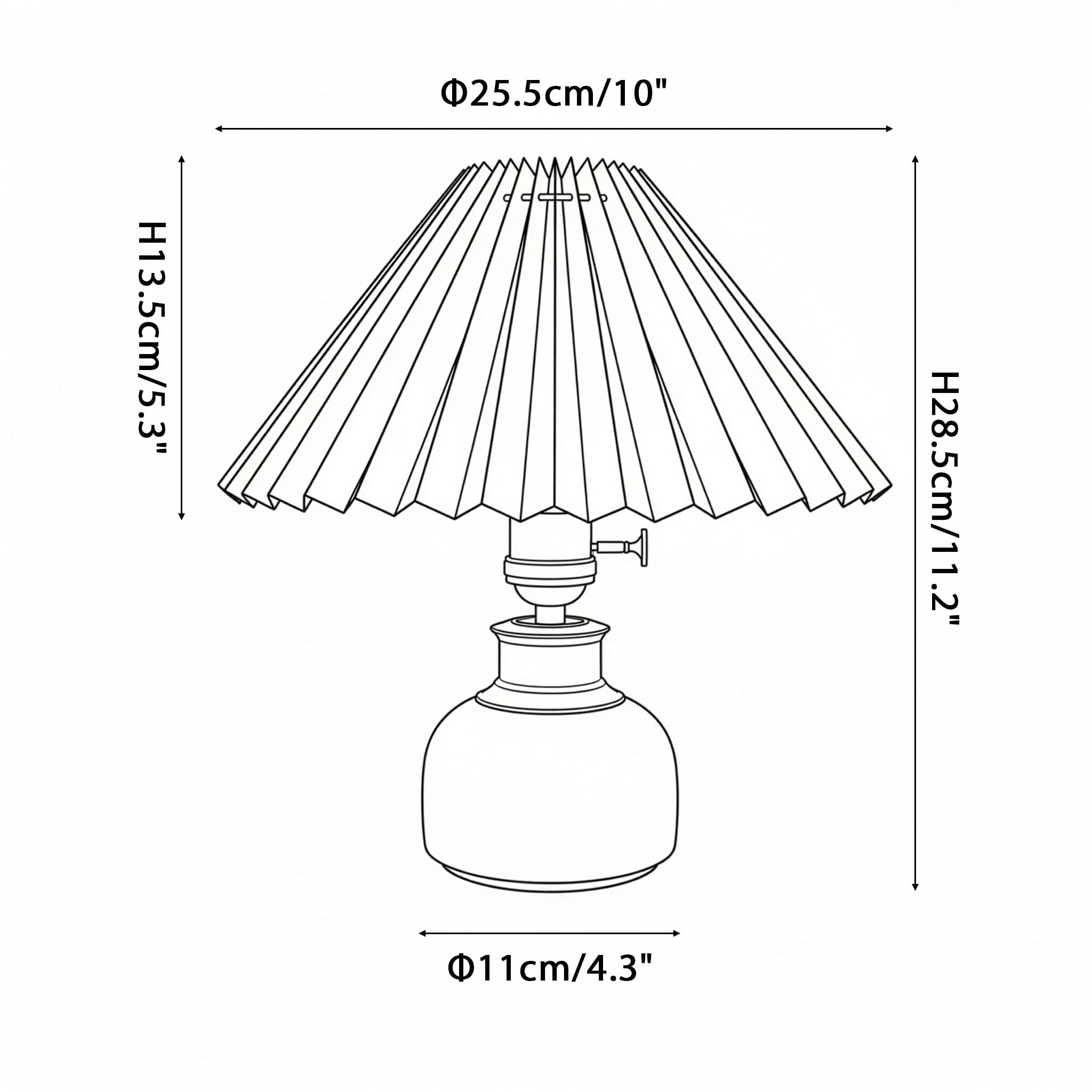 Detailed dimension diagram of the ceramic cordless lamp: 10" shade diameter, 11.2" total height, and 4.3" base.