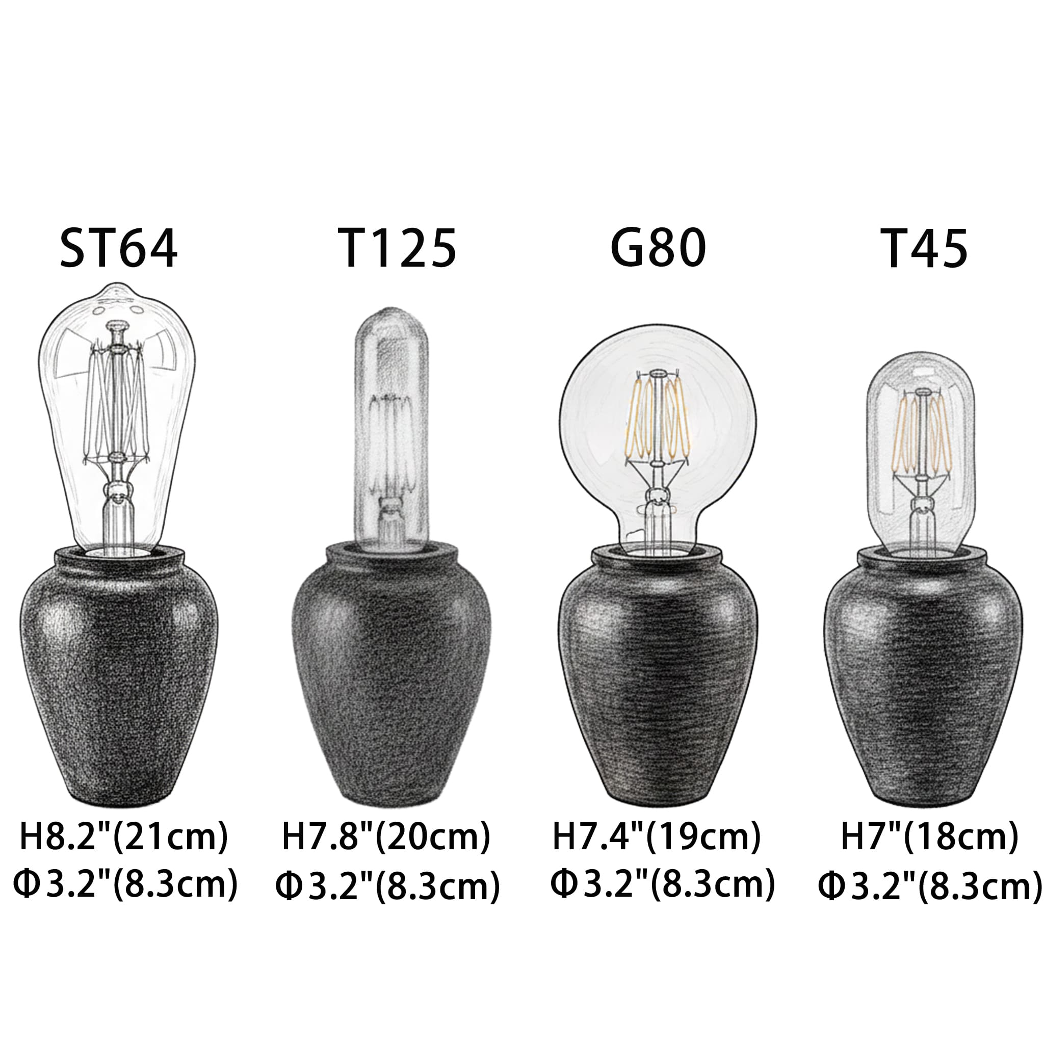the ceramic tea caddy lamp: ST64 (21cm), T125 (20cm), A80 (19cm), and T45 (18cm) heights with a 8.3cm base diameter
