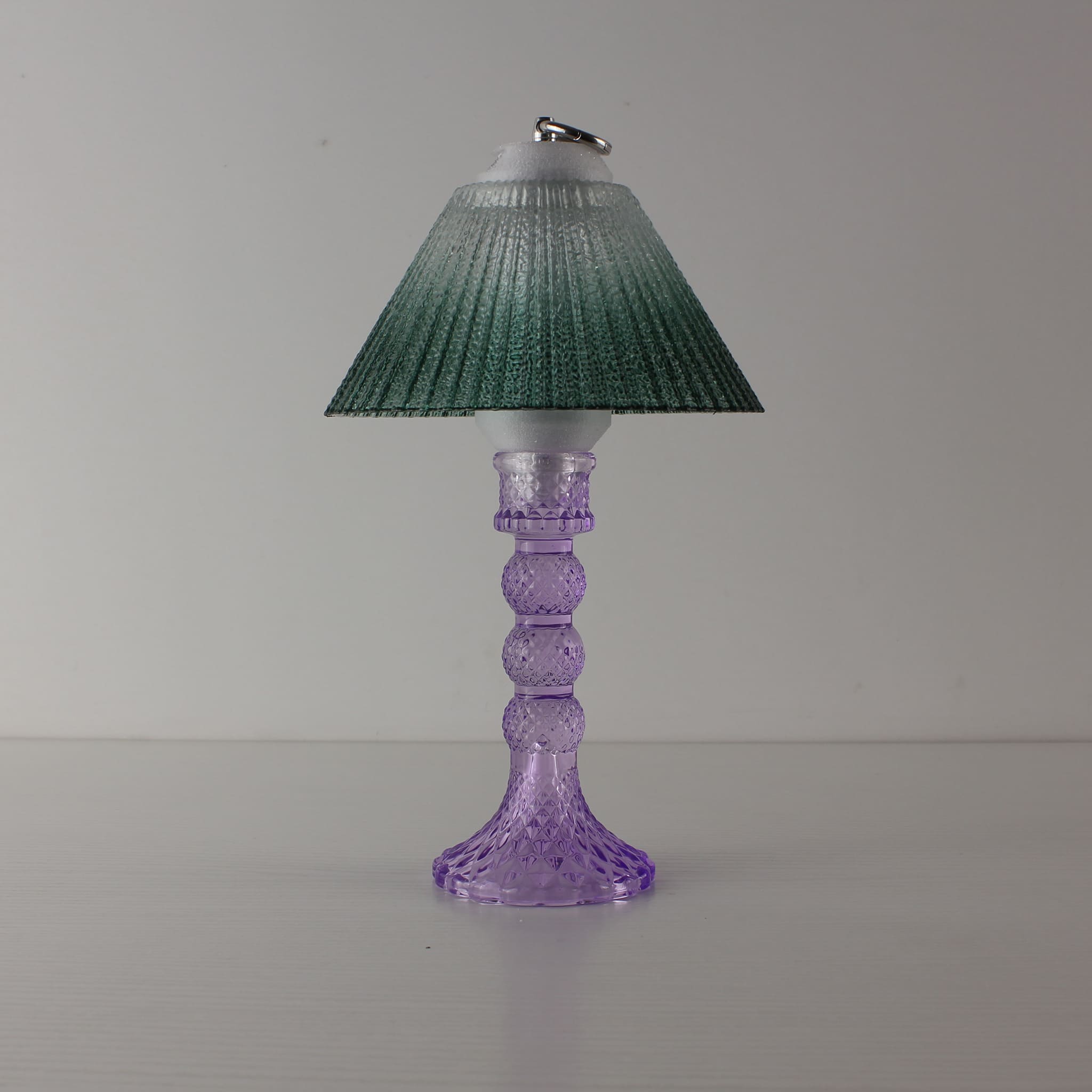 Decorative cool purple glass lamp (OFF) with green gradient shade, showcasing PETG 3D-printed structural details.