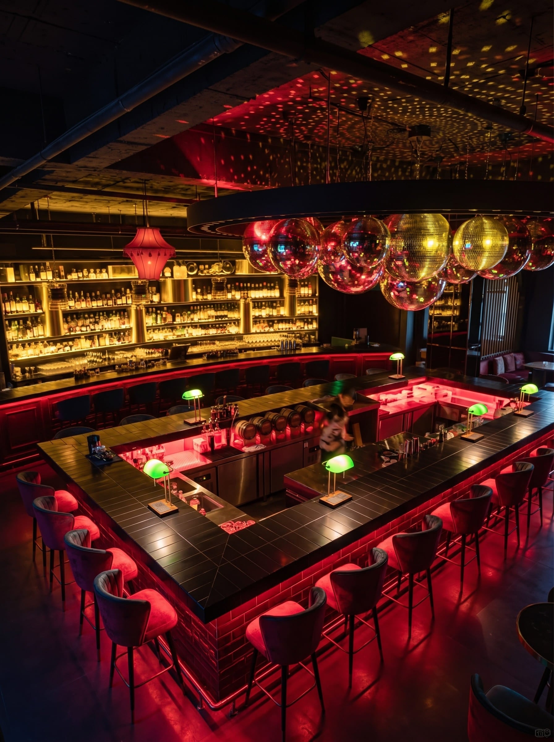 Cordless green glass bankers lamps creating ambient lighting in a luxury cocktail bar