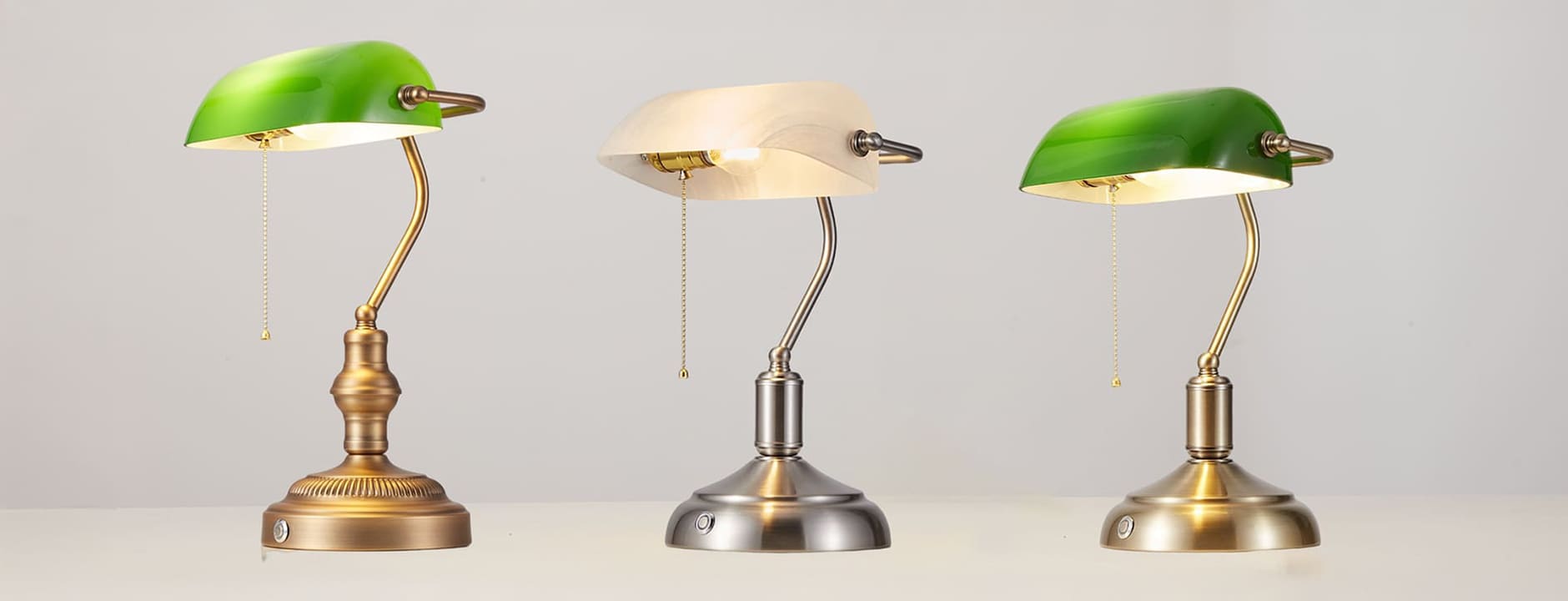 Cordless Banker's Lamp collection featuring antique brass, brushed nickel and green glass shade designs