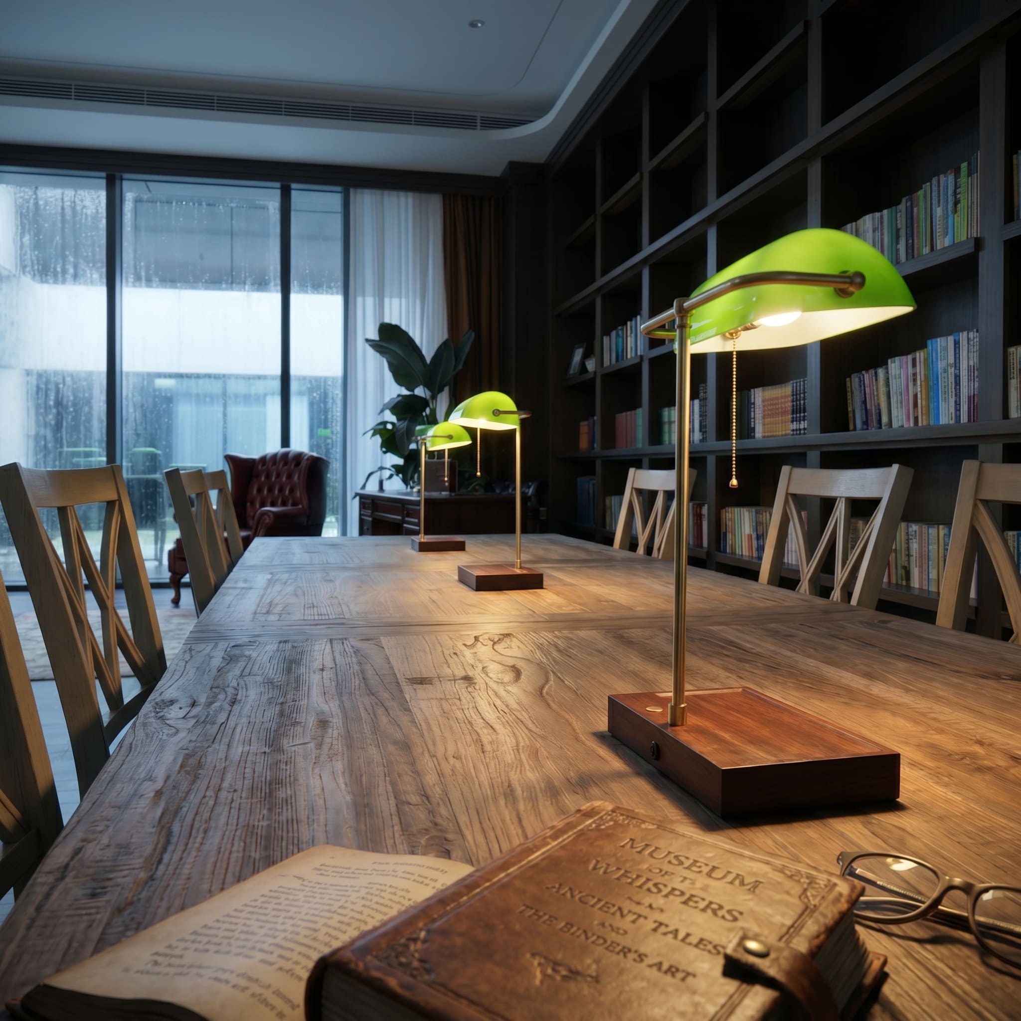 Cordless green glass bankers lamps illuminating a library reading table with bookshelves