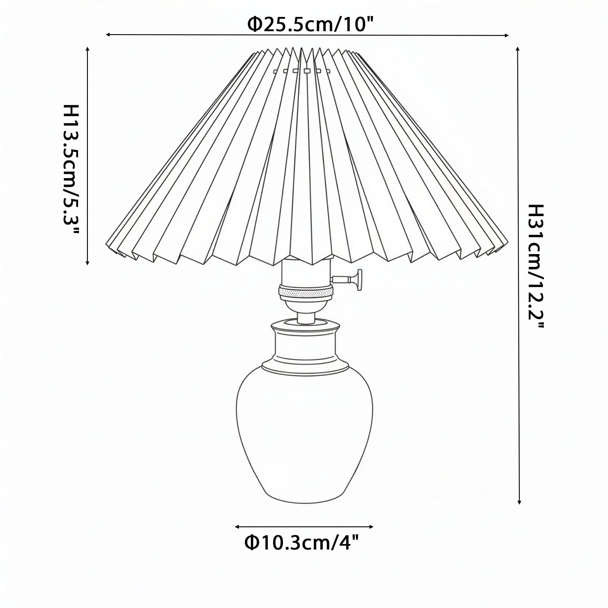 Technical drawing showing dimensions: 31cm height, 25.5cm shade diameter, and 10.3cm base diameter for the cordless pleated lamp.