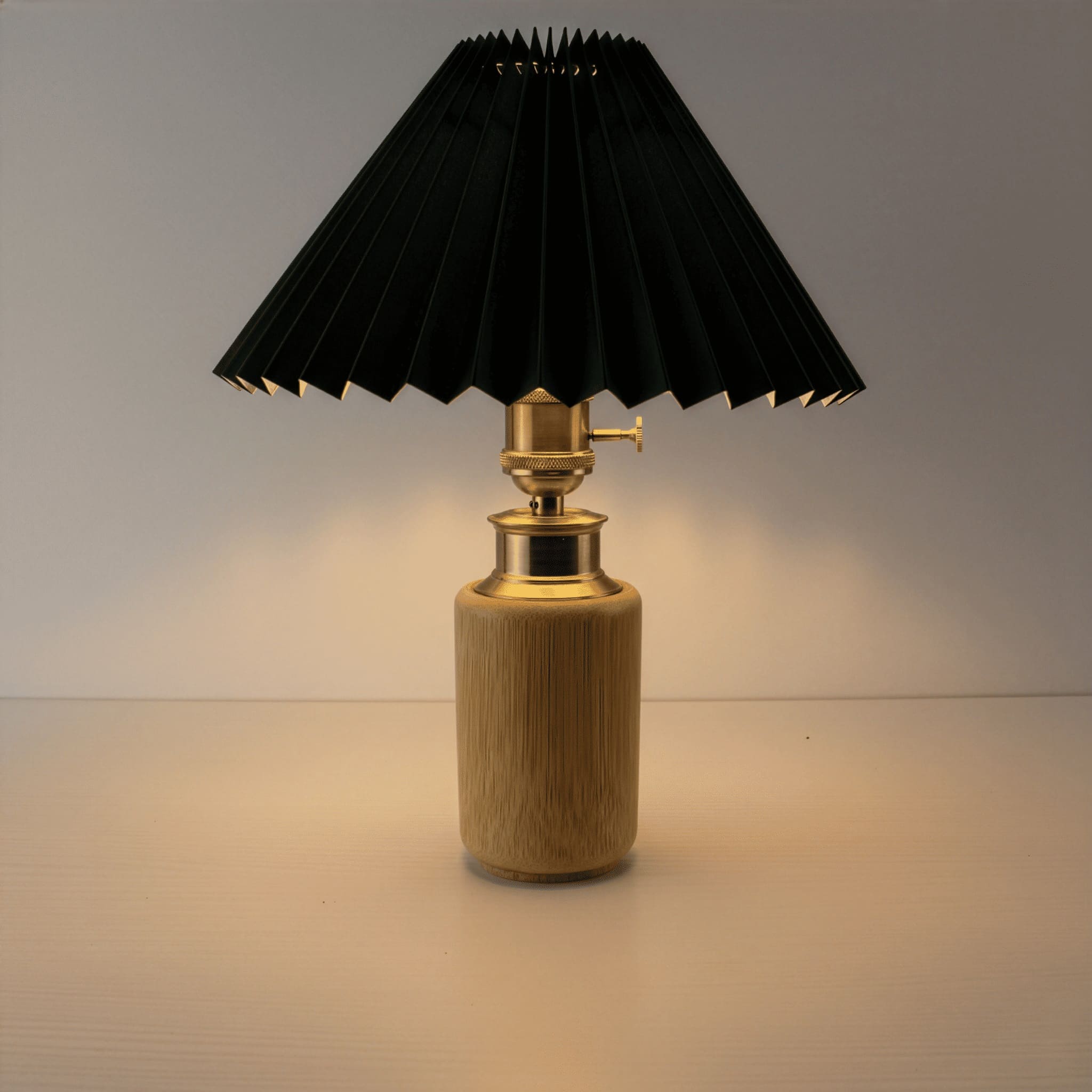 Dark Green Pleated Shade Bamboo Lamp, Warm Glow, Wabi Sabi Aesthetic, Rechargeable for Bistro & Restaurant
