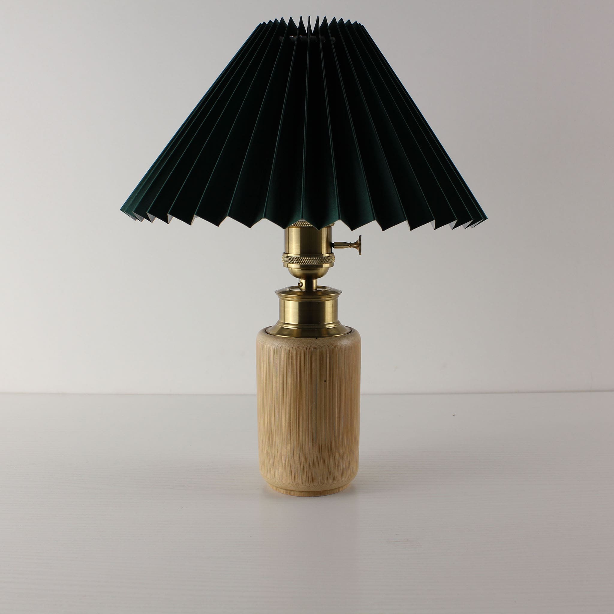 Forest Green Pleated Shade Table Lamp with Bamboo Base, Battery Powered, Mid-Century Modern (MCM) Style
