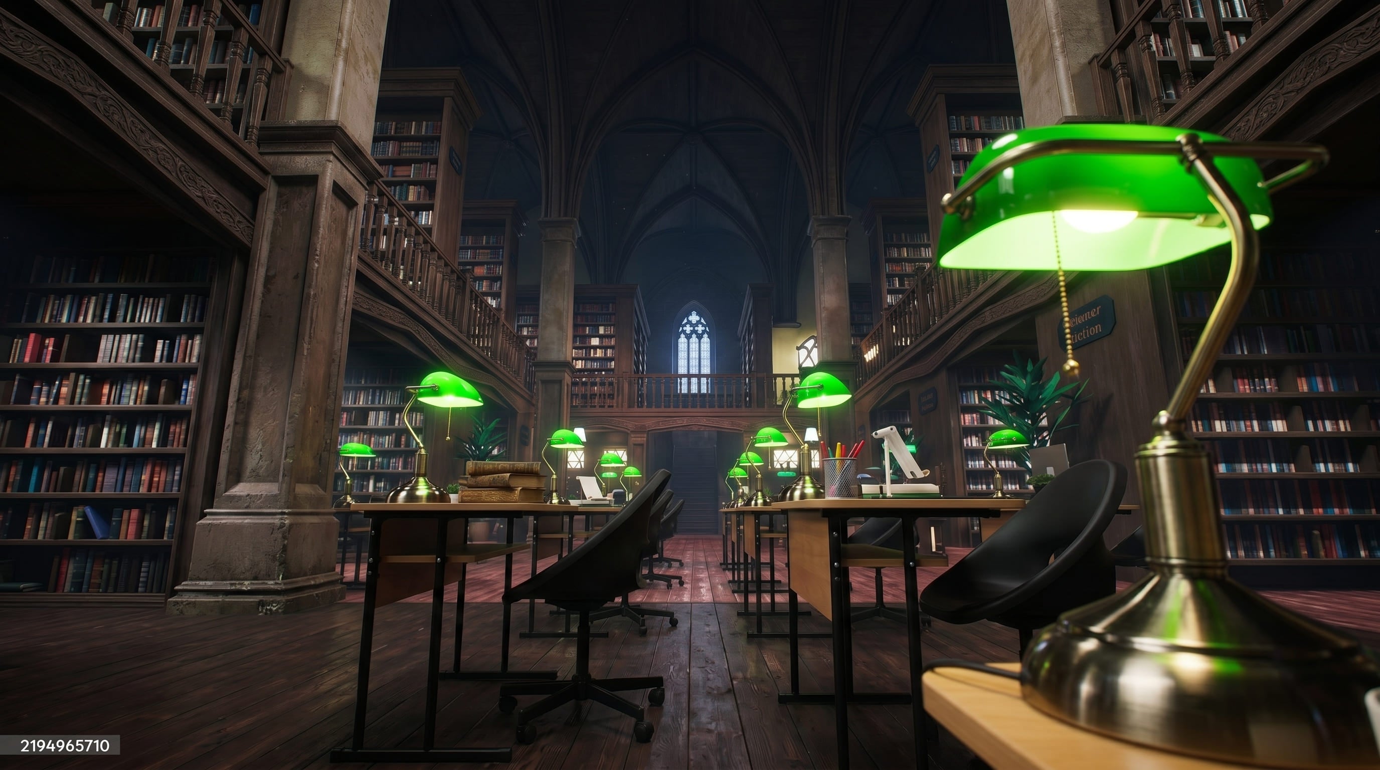 Green Banker's Lamp illuminating a historic gothic-style library hall with high ceilings and bookshelves