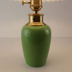 Close-up of the USB-C charging port and brass hardware on the green ceramic lamp base, highlighting its cordless and rechargeable technology.