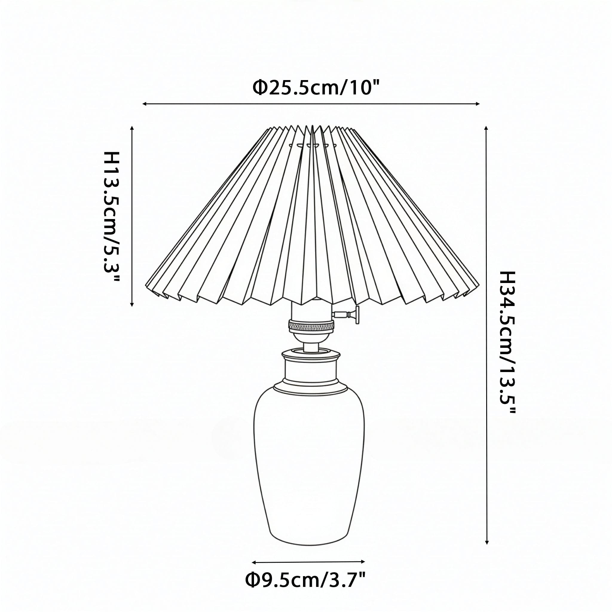 Detailed dimension diagram of the green ceramic lamp: Height 34.5cm (13.5"), Shade width 25.5cm (10"), and Base width 9.5cm (3.7").