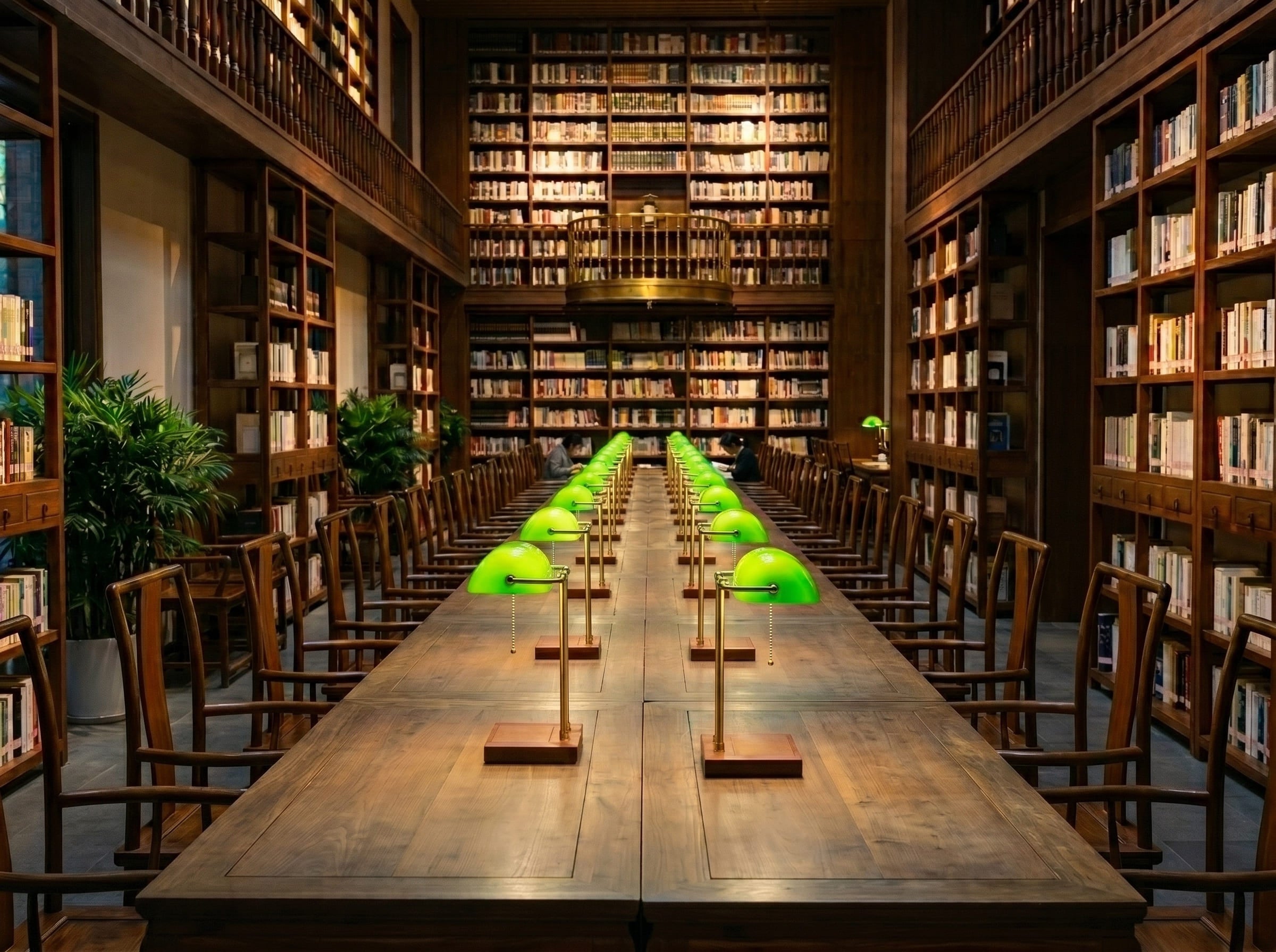 Rows of green glass bankers lamps illuminating a grand library reading hall
