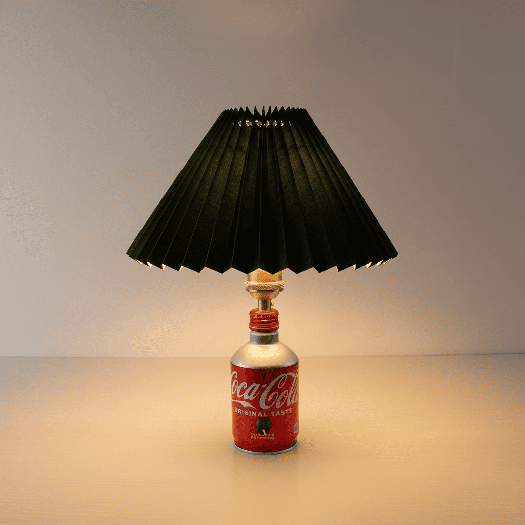 Front view of the industrial style Coca-Cola bottle lamp with a dark green pleated shade in a daylight setting.