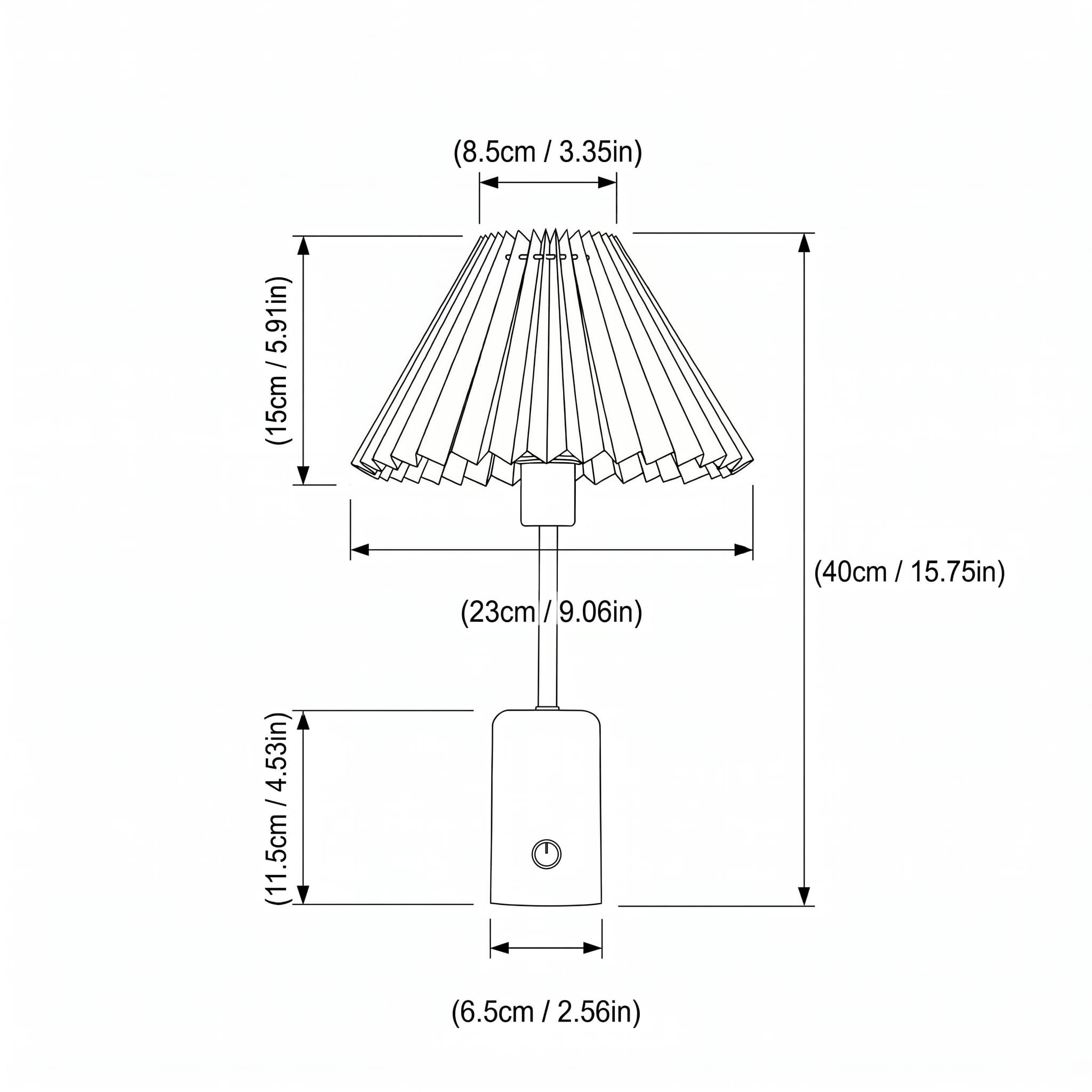 Dimensions of iron cordless table lamp with pleated shade, 40 cm total height, 23 cm shade width, 15 cm shade height and 6.5 cm base diameter