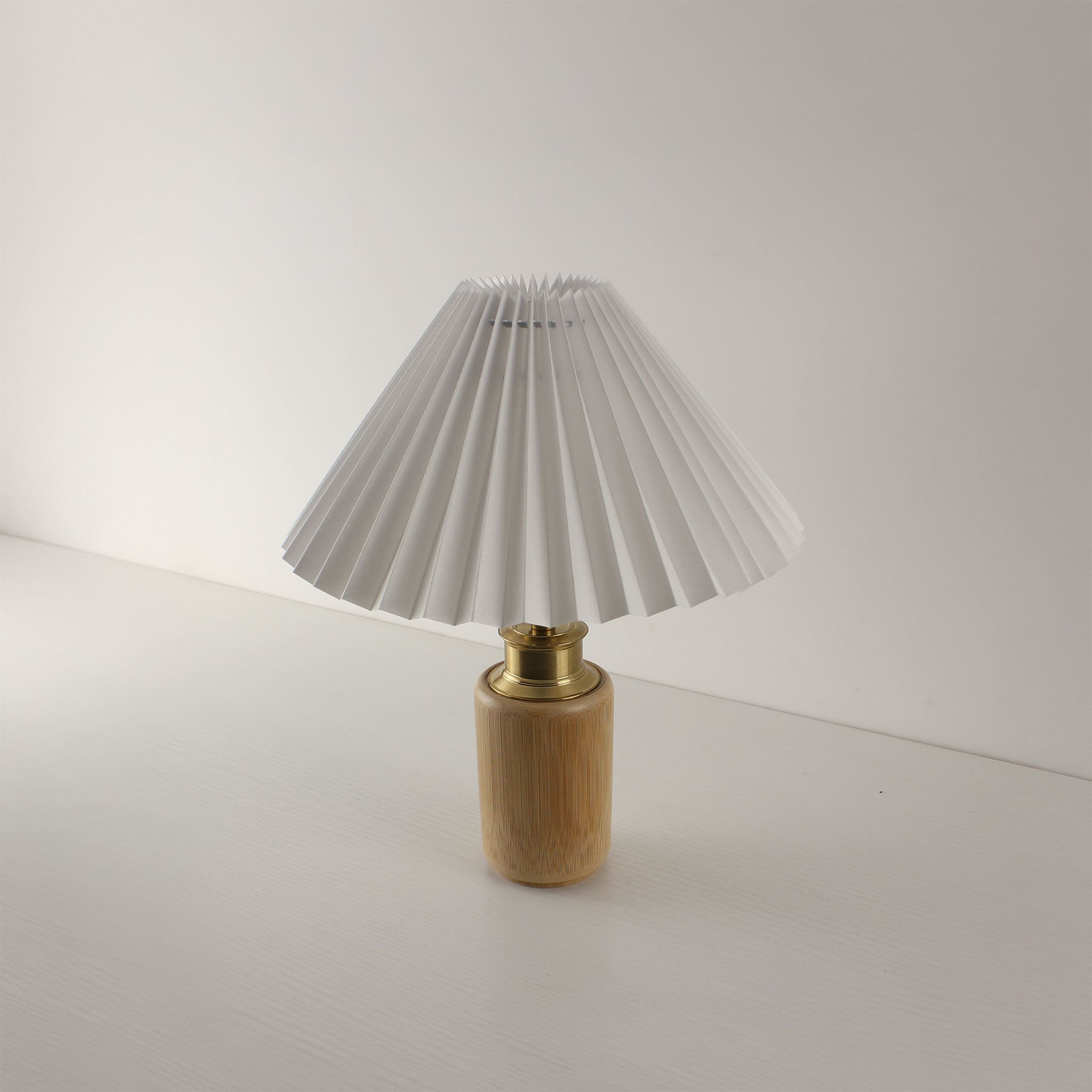 apandi Style White Pleated Shade Lamp with Natural Bamboo Base, Warm LED Glow for Bistro or Speakeasy