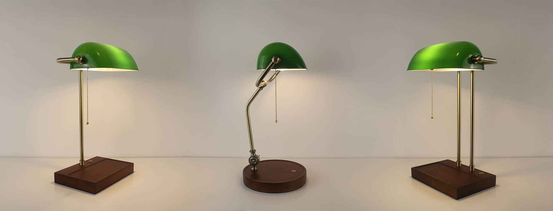 Modern cordless green Banker's lamp with adjustable arm and wooden base