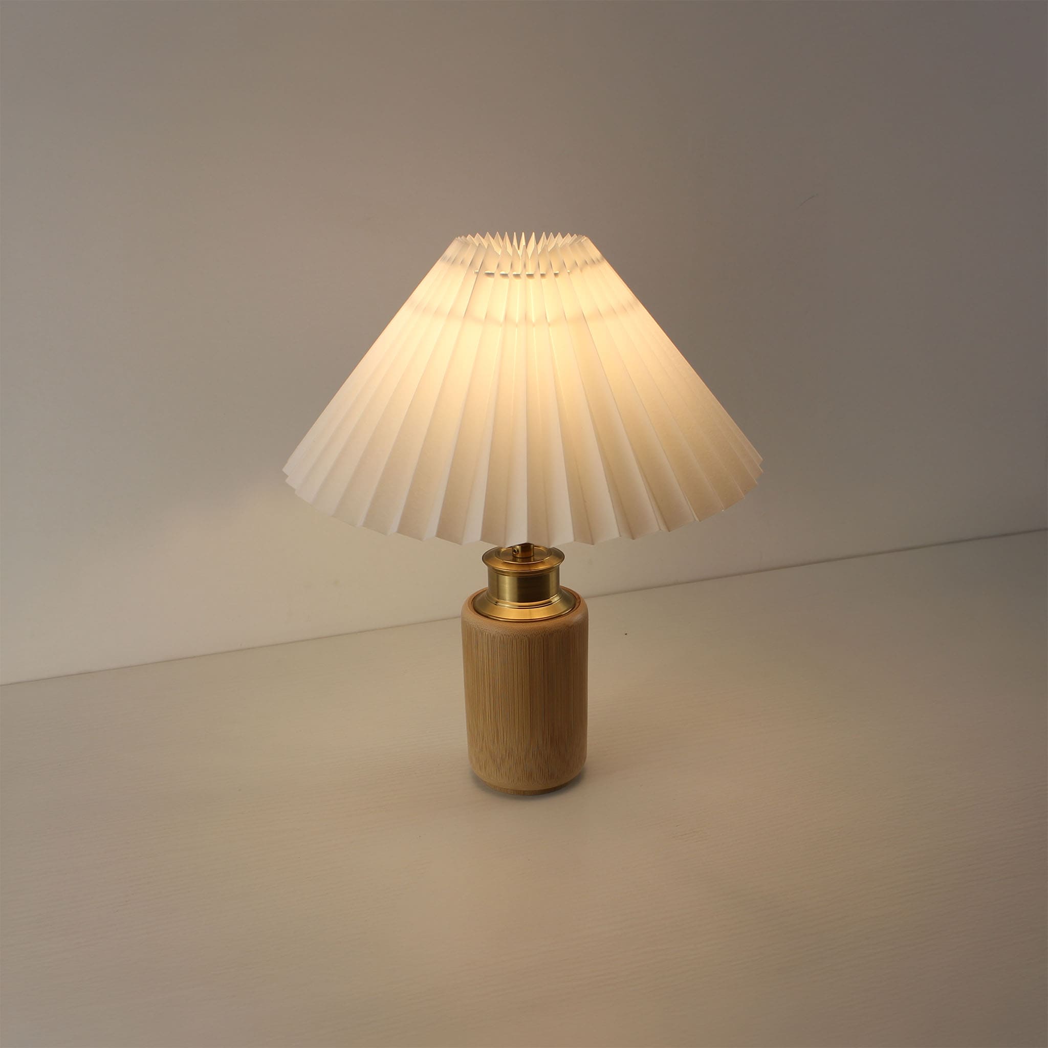Top view of White Pleated Shade Table Lamp with Natural Bamboo Base, Cordless and Portable for Table Centerpiece