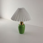 ide view of a portable green ceramic rechargeable lamp with a white pleated shade for modern home decor.