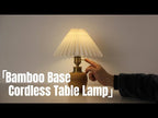 Bamboo Base Cordless Table Lamp - Battery Operated Vintage Pleated Shade Table Lamp