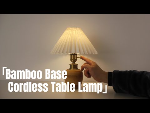 Bamboo Base Cordless Table Lamp - Battery Operated Vintage Pleated Shade Table Lamp