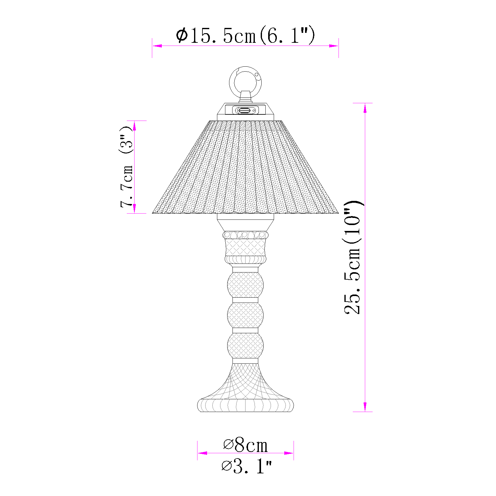 Technical specifications for Prism glass lamp: 15.5cm diameter, 25.5cm height, and 5000mAh battery capacity.