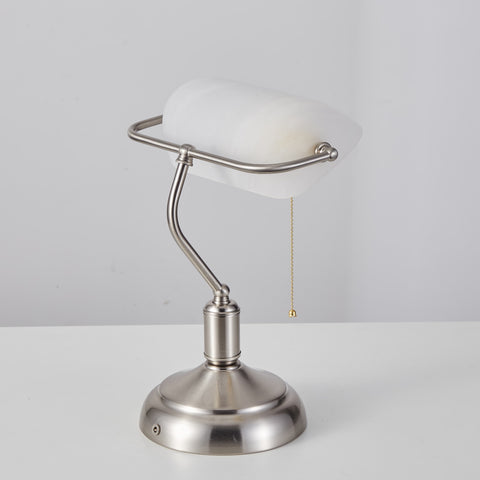Rechargeable Bankers Light with White Glass Shade - Brushed Nickel
