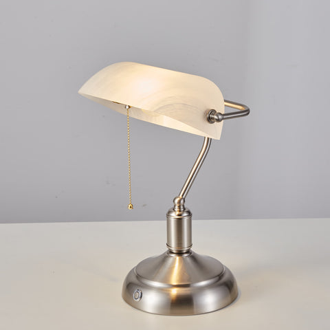 Rechargeable Bankers Light with White Glass Shade - Brushed Nickel