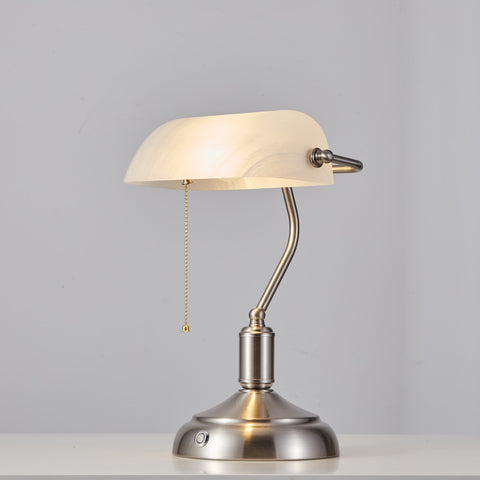 Rechargeable Bankers Light with White Glass Shade - Brushed Nickel
