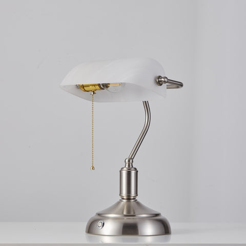 Rechargeable Bankers Light with White Glass Shade - Brushed Nickel