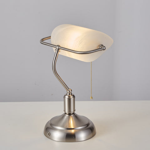 Rechargeable Bankers Light with White Glass Shade - Brushed Nickel