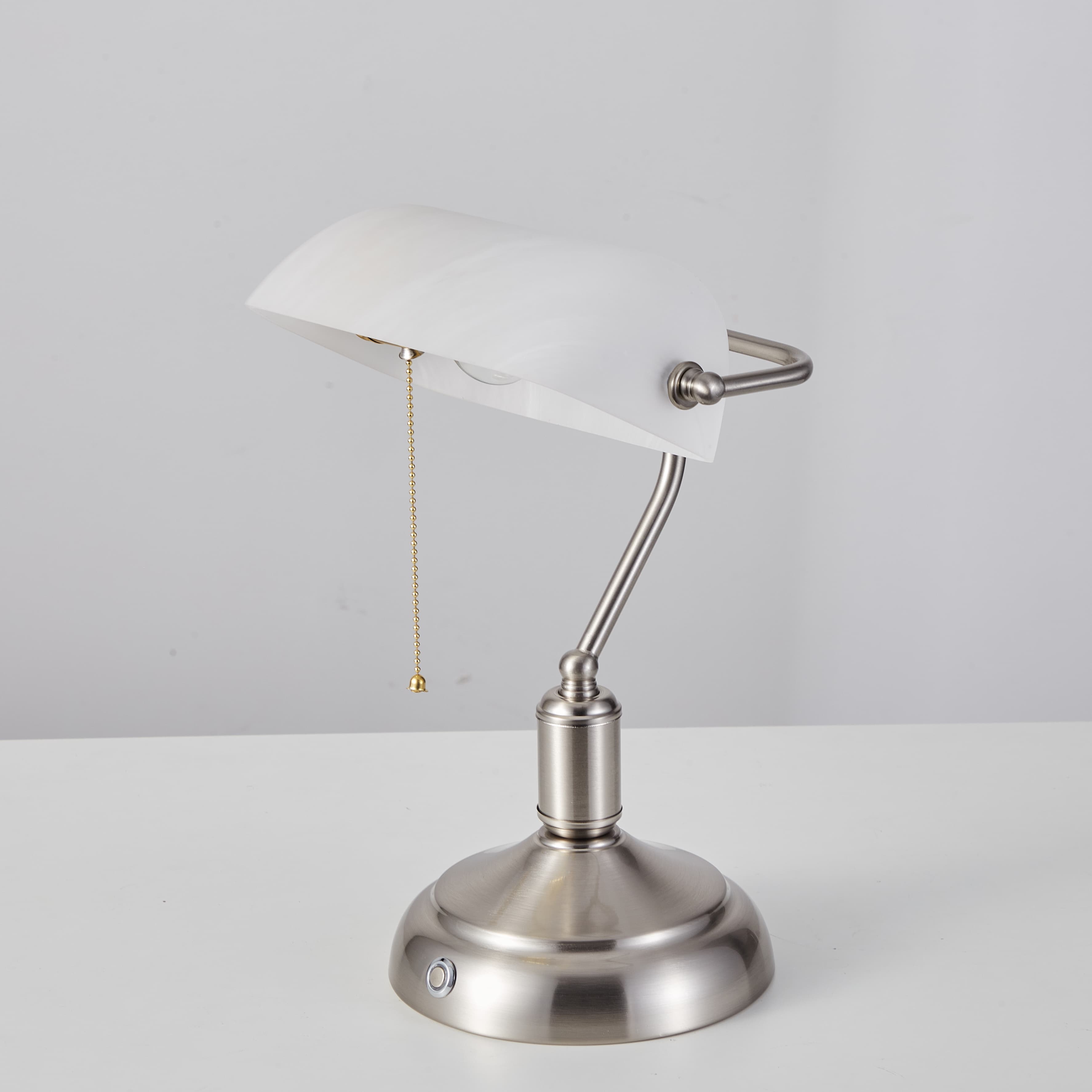 rechargeable bankers light white glass shade brushed nickel front image