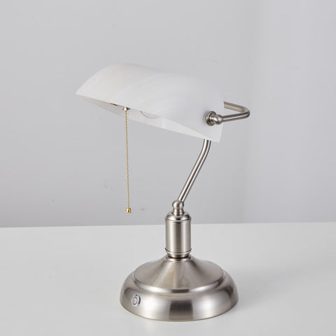 Rechargeable Bankers Light with White Glass Shade - Brushed Nickel