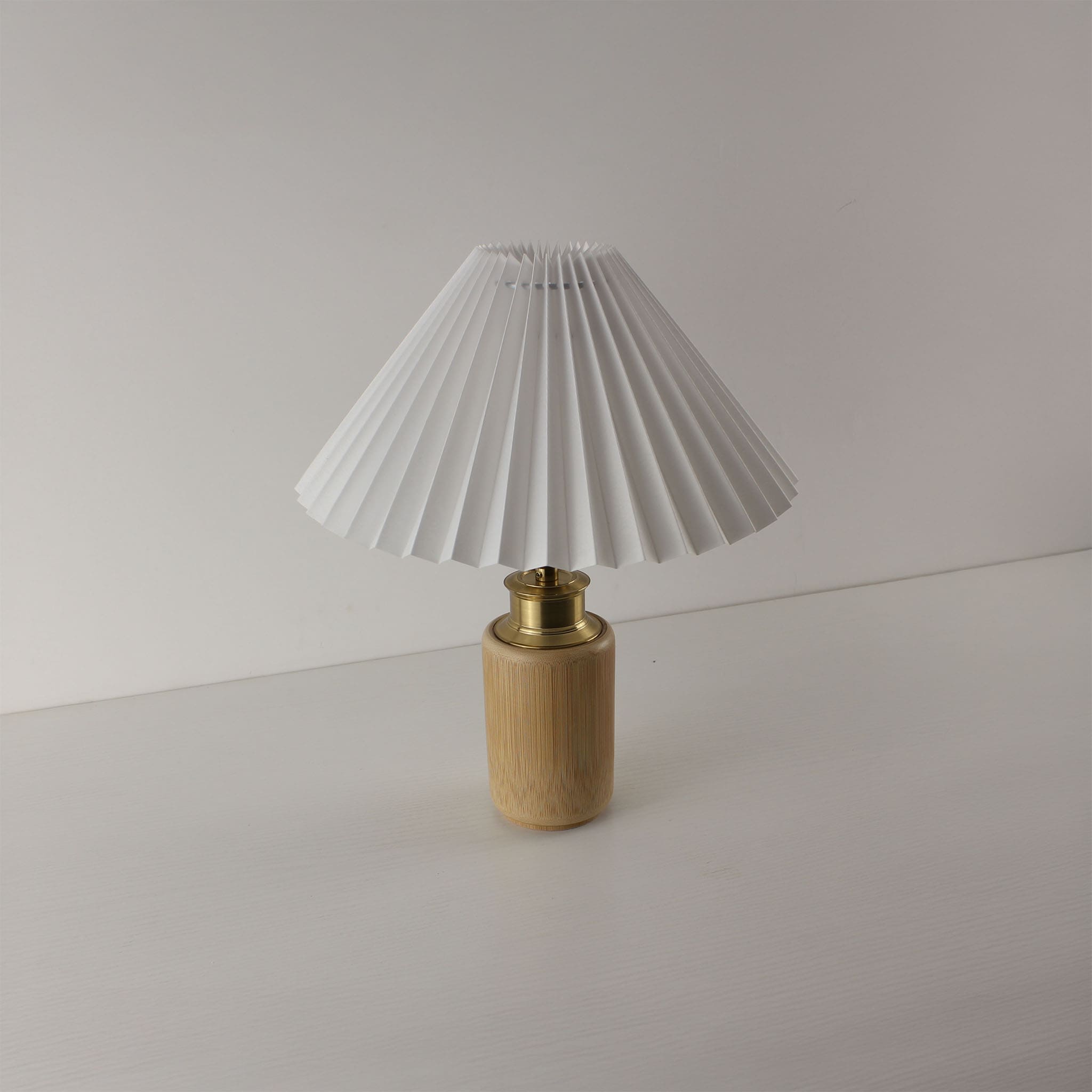 Wabi Sabi Aesthetic White Pleated Shade Lamp with Natural Bamboo Base, USB Rechargeable for Nightstand