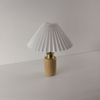 Wabi Sabi Aesthetic White Pleated Shade Lamp with Natural Bamboo Base, USB Rechargeable for Nightstand