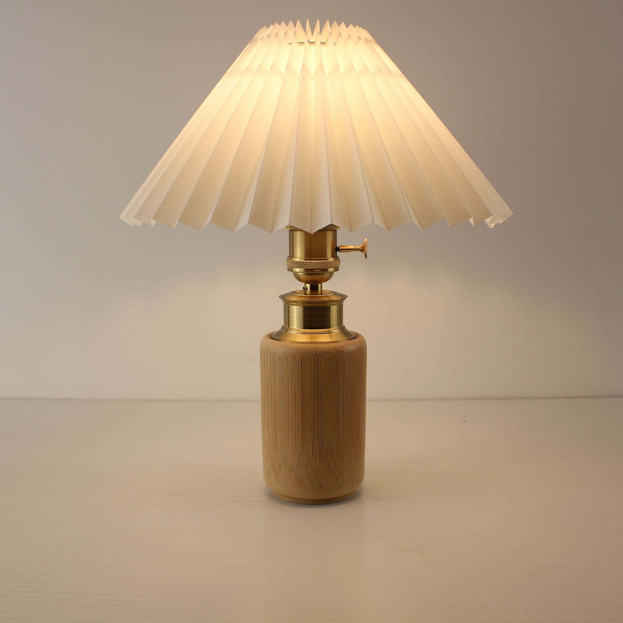 White Pleated Shade Bamboo Lamp, Warm LED Light, Japandi Style, Portable Battery Operated for Bedside
