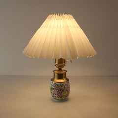 White Enamel Ceramic Cordless Lamp with Warm Lighting, Vintage Pleated Shade, Rechargeable