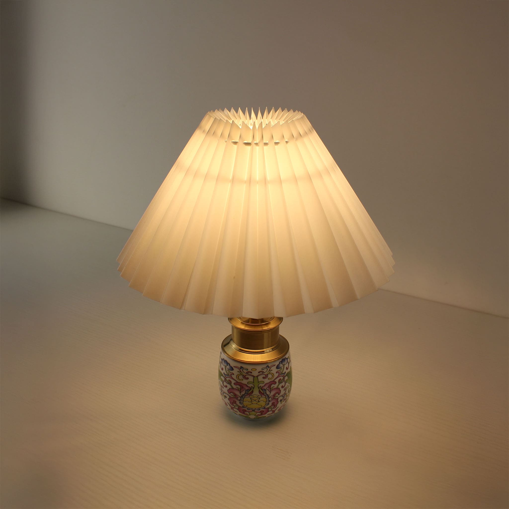 Portable White Famille Rose Ceramic Lamp with Warm LED Light, Battery Operated for Restaurant