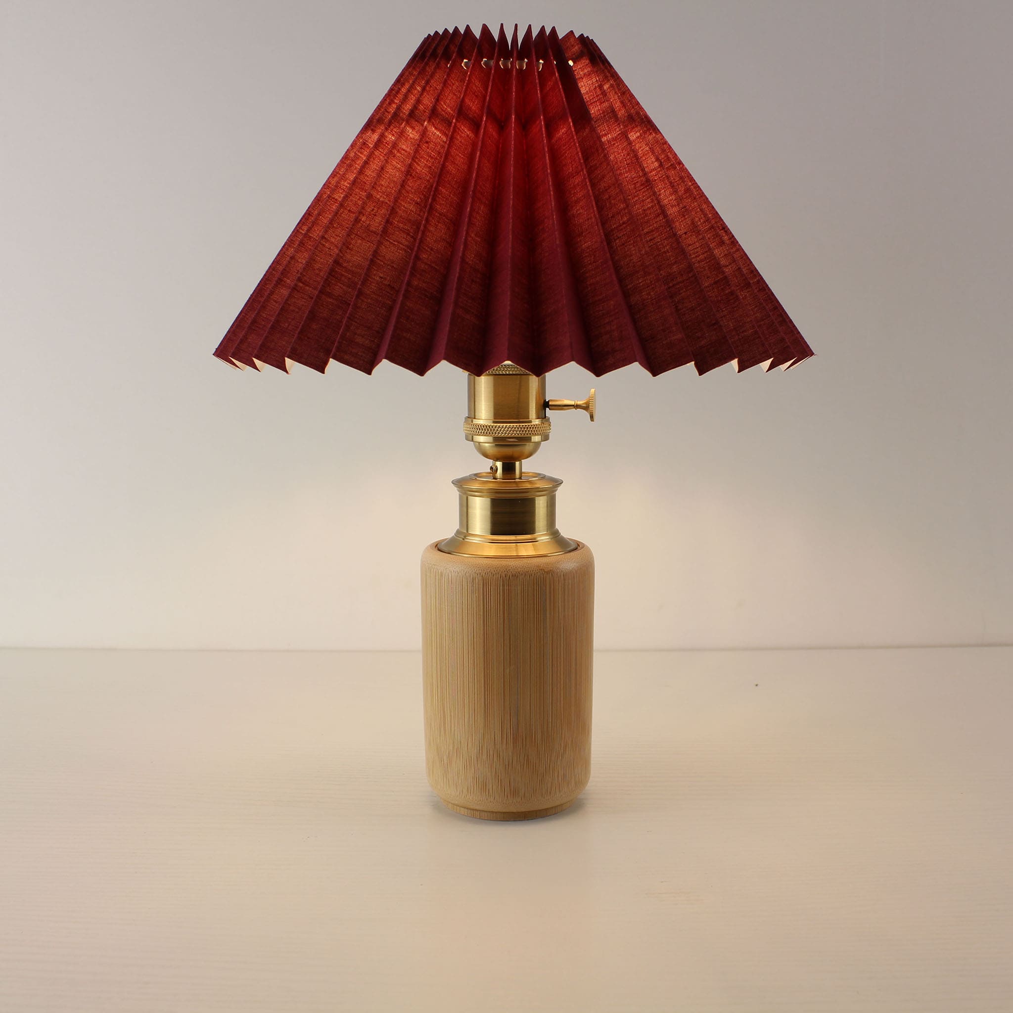 Wine Red Pleated Shade Table Lamp with Bamboo Base, Cordless and USB Rechargeable, Vintage Style for Bar
