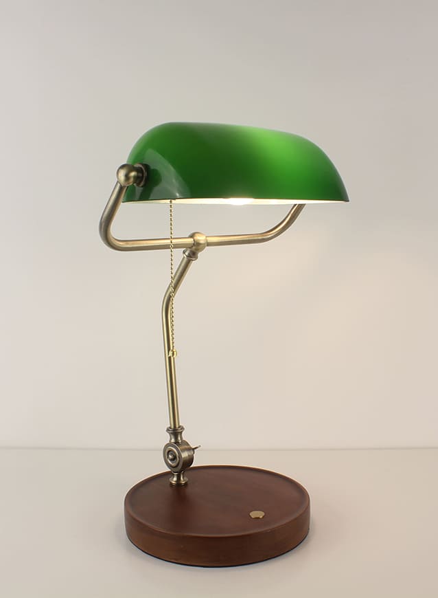 Wooden cordless green Banker's lamp with classic emerald glass shade