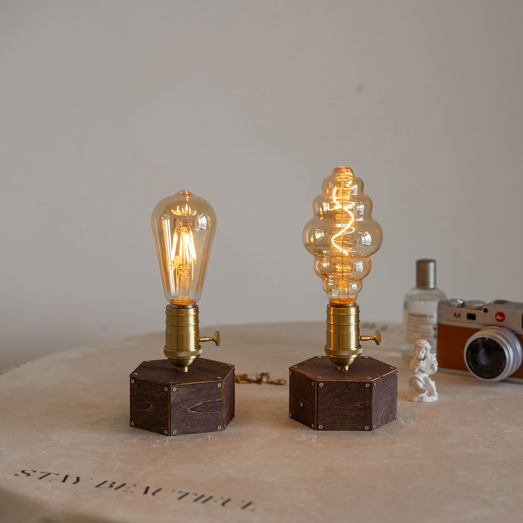 wooden handmade battery operated edison table lamp